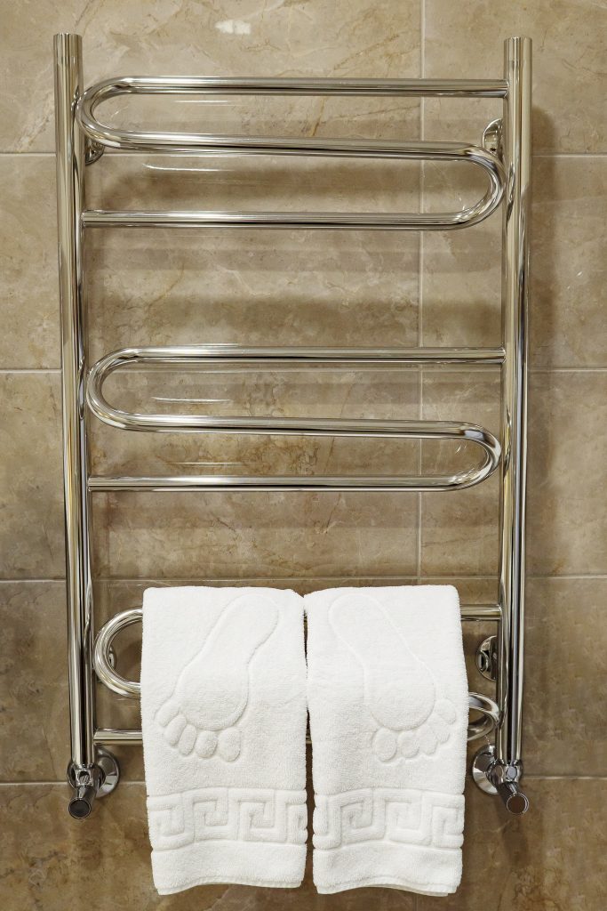 modern heated towel rail tiled bathroom wall scaled