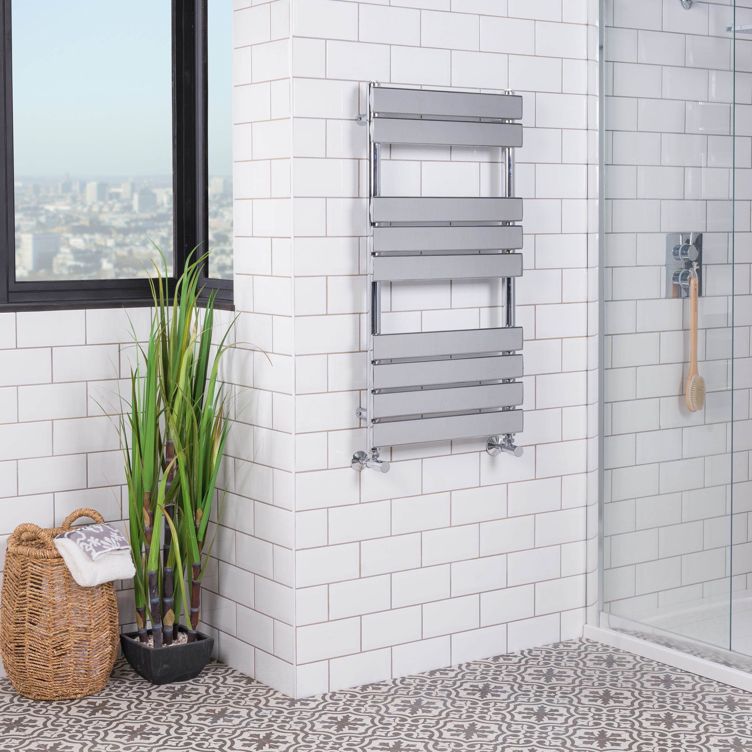 metallic heated towel rack modern renovated bathroom 2 scaled