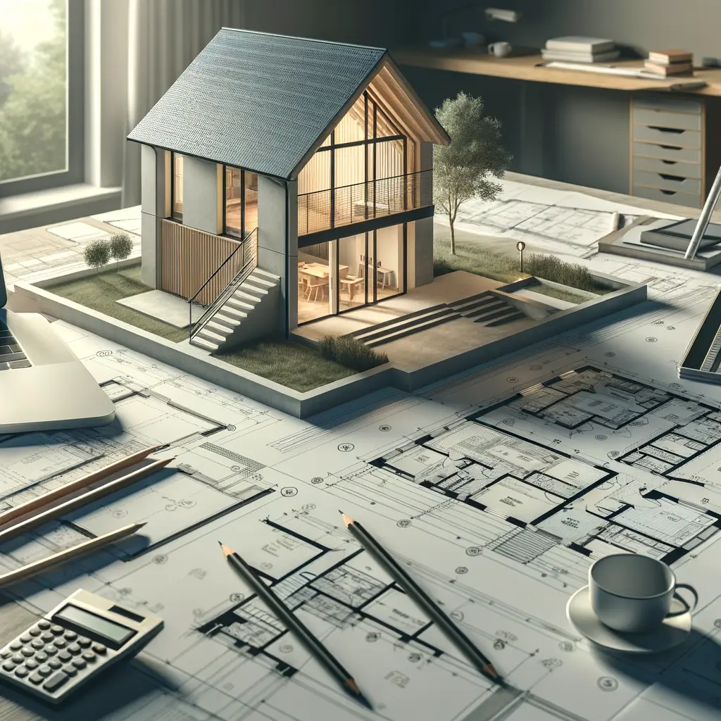 A modern loft conversion in the planning permission phase. The image shows an architects workspace with a loft conversion plan spread out on a desk.