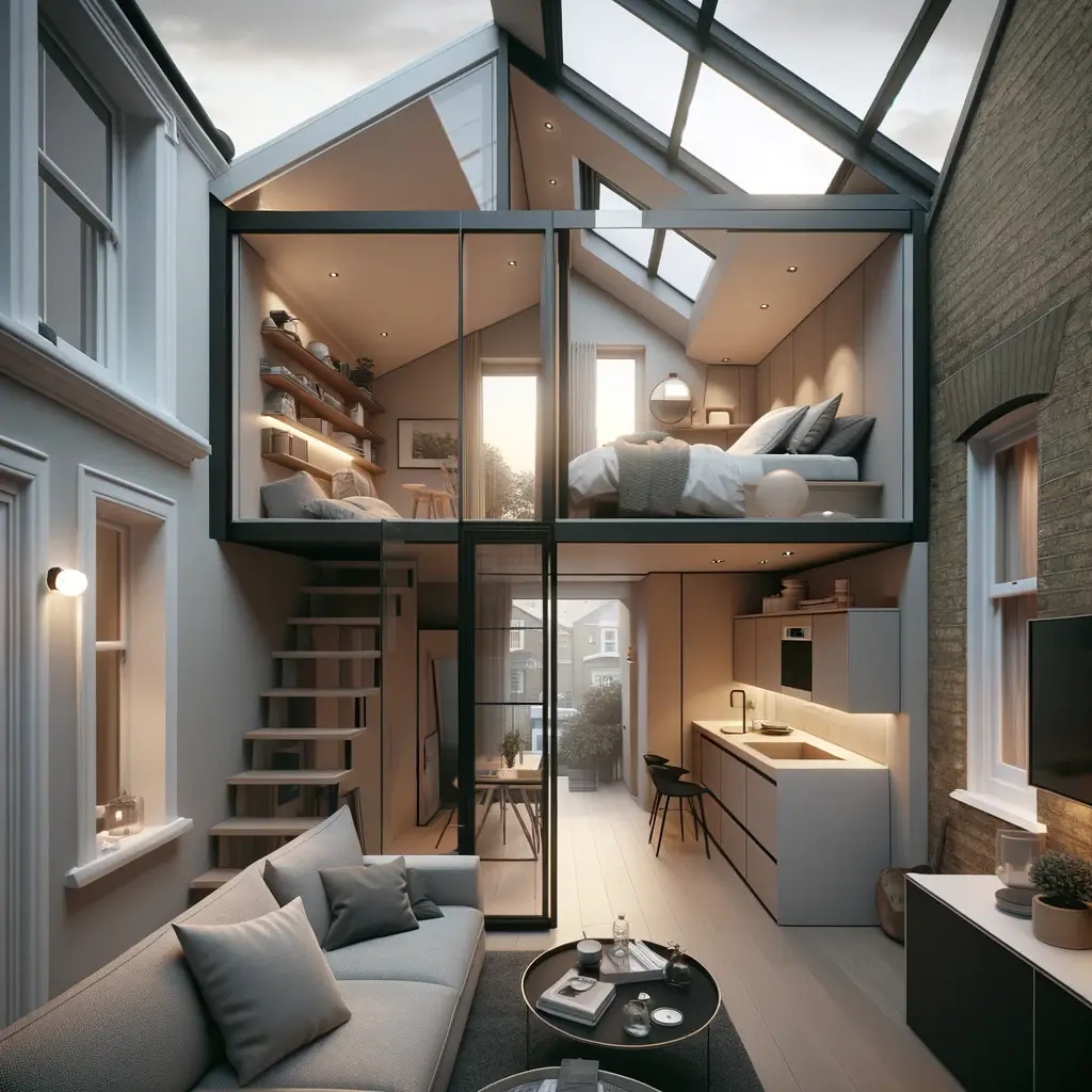 An image of a modern contemporary loft conversion in a terraced house. The focus is on a sleek stylish loft space that blends seamlessly with the tr